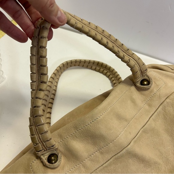 Errelleventidue Beige Italian Leather Handbag Tote Floral Print Studs Large - Picture 13 of 13